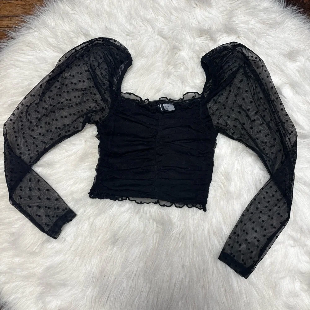 Divided Black Tulle / Lace Velvet Polka Dot Rouched Long Sleeve Crop Top size XS